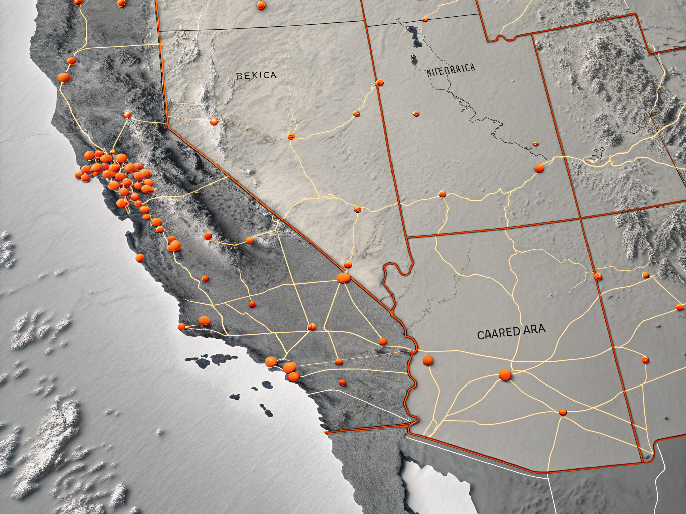 California and Arizona regional field map outline with state borders