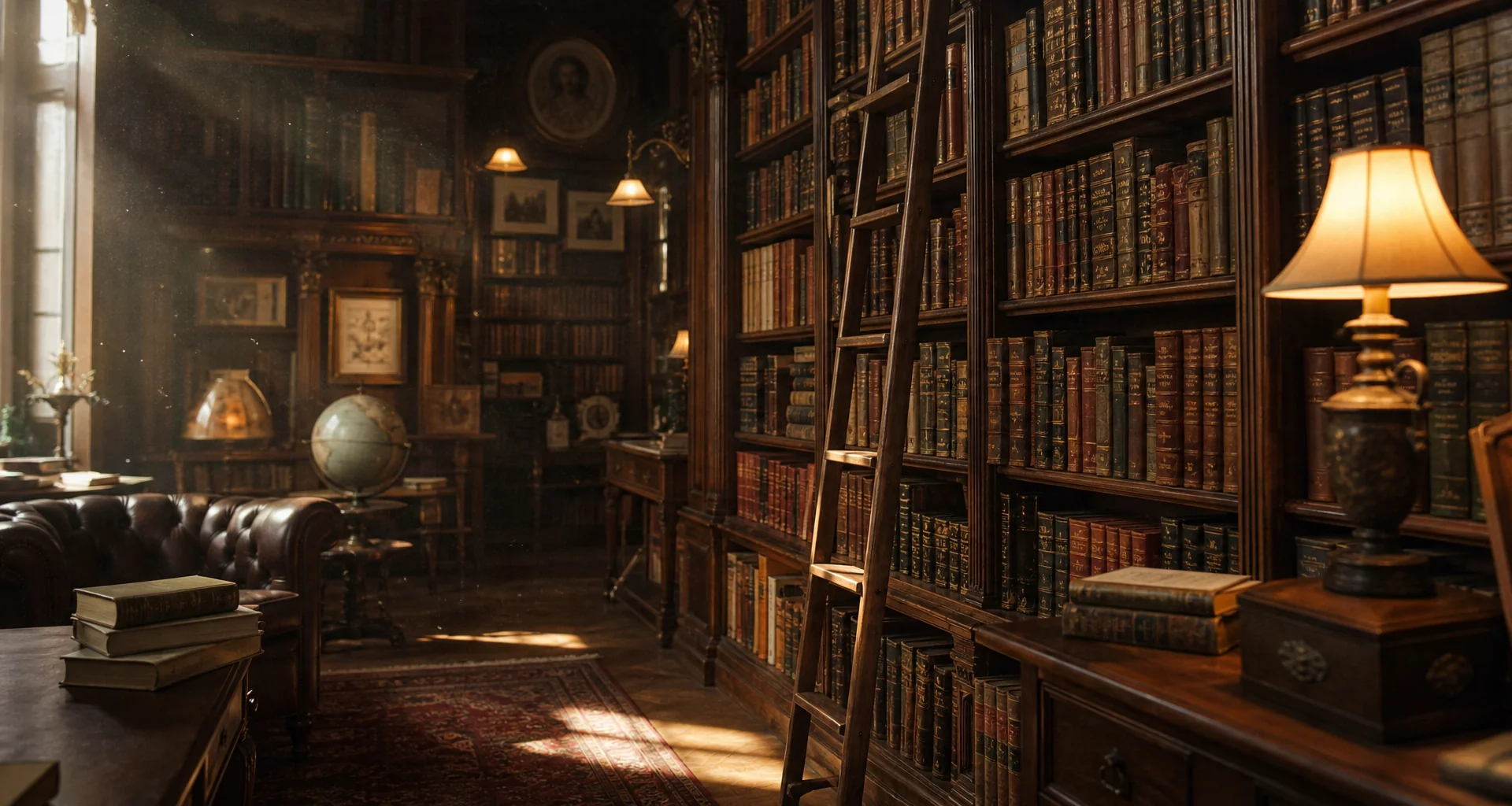 Atmospheric historic library bathed in warm lantern glow with field journals and maps