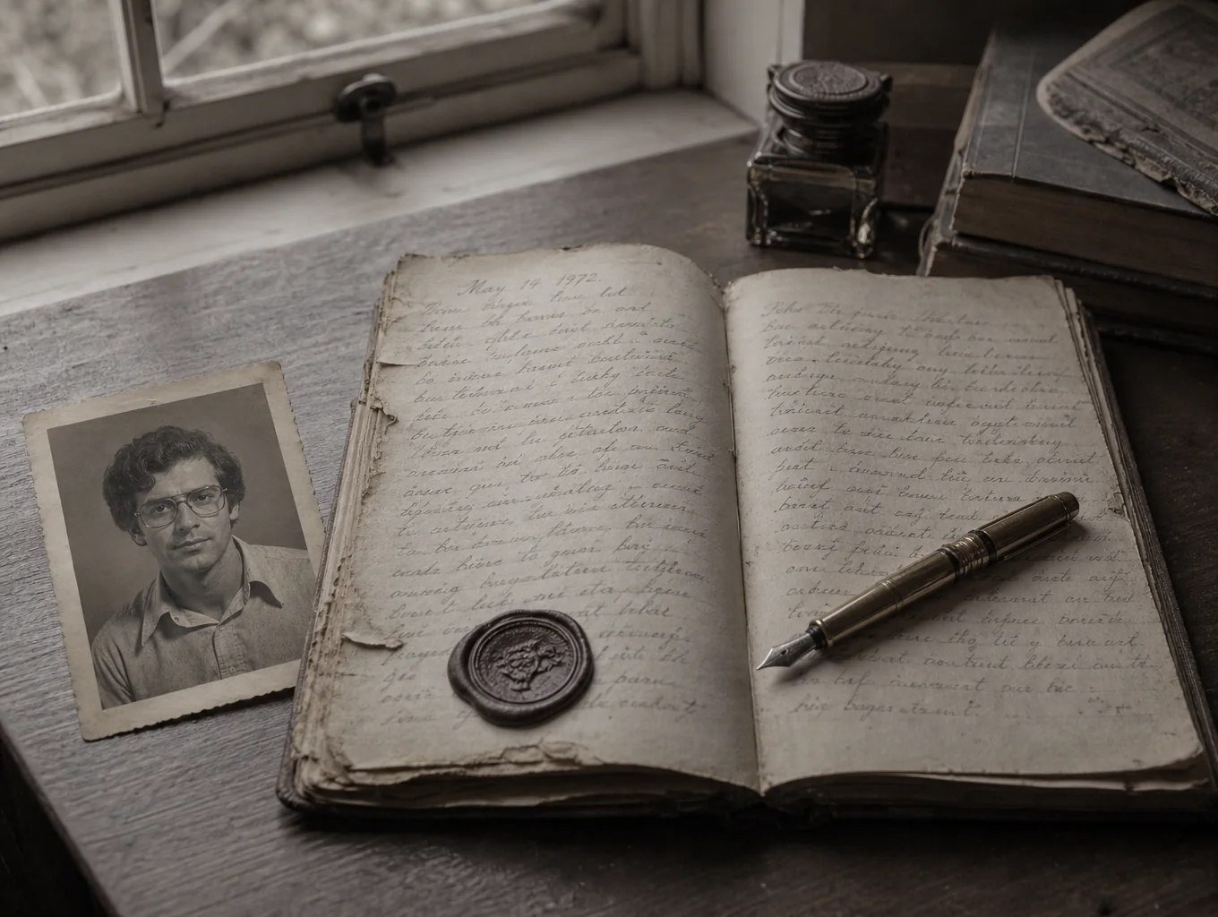 Vintage field journal open with handwritten notes and ghost investigator sketches