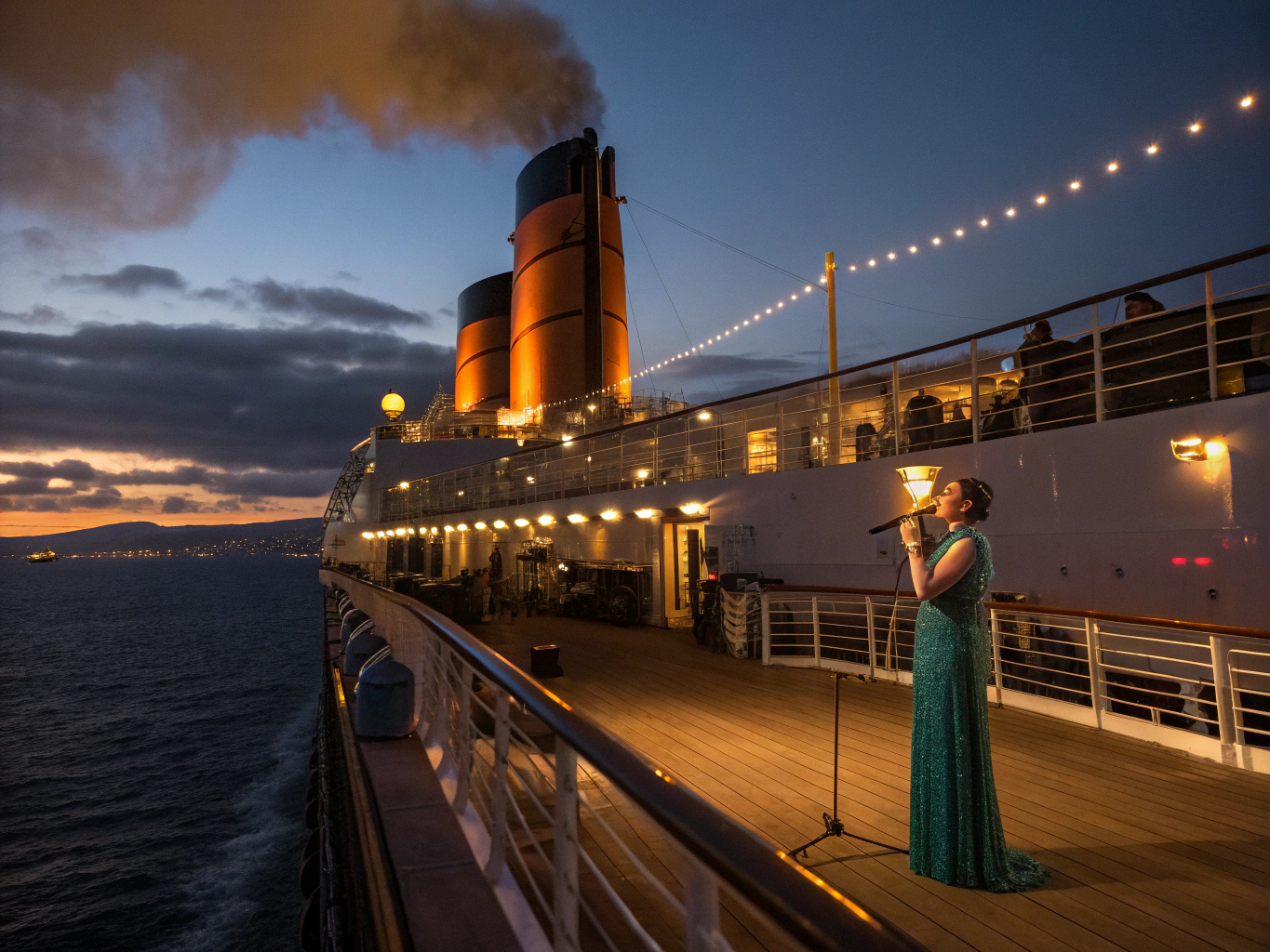 Historic archival photograph of the majestic RMS Queen Mary ocean liner steaming into Long Beach Harbor