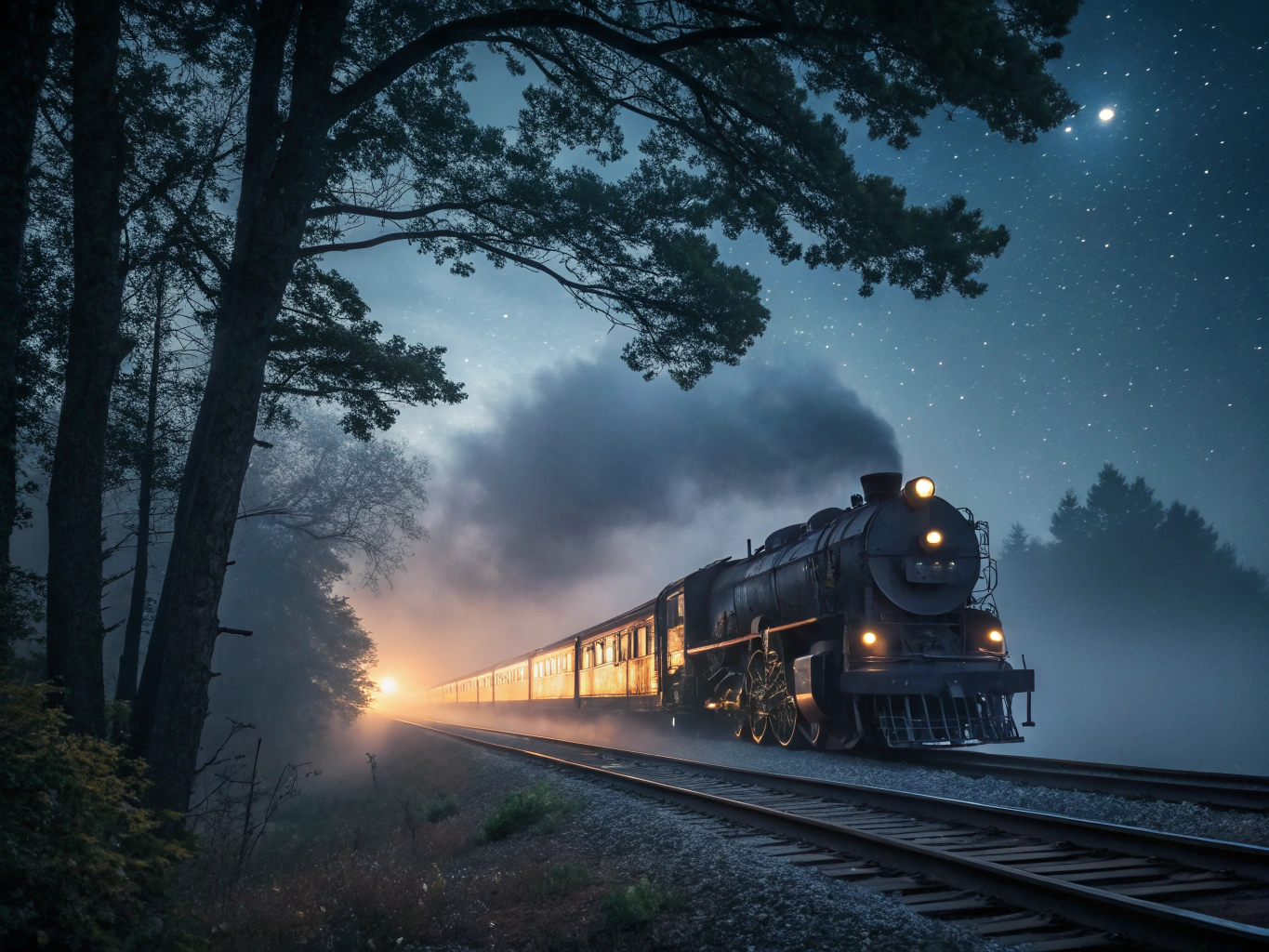 Vintage steam locomotive on a foggy mountain rail pass