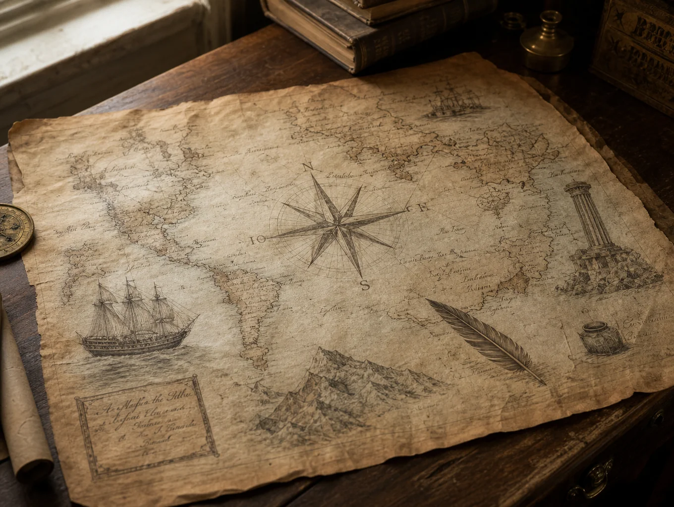 Aged parchment map under magnifying glass and dim study light