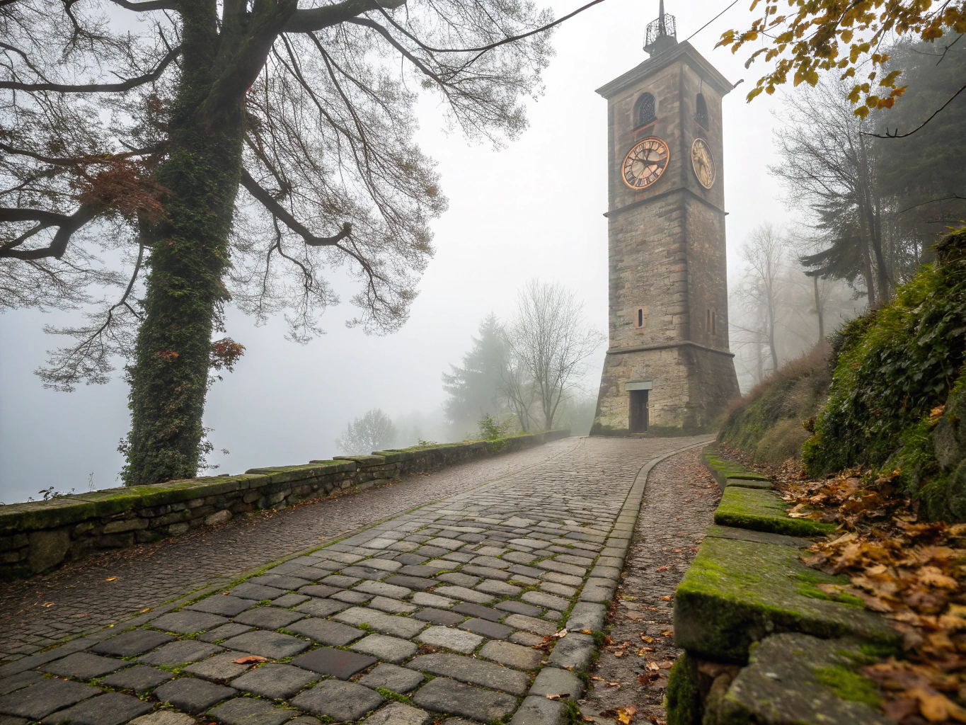 Ruined nineteenth-century stone bell tower surrounded by heavy mist