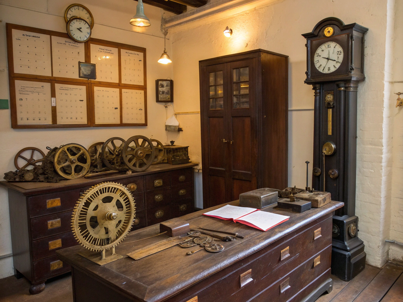 Victorian watchmakers workshop illuminated by glowing lantern and faint blue light